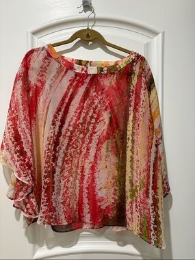 Chico’s Sheer Red Multi-Stripe Women’s Poncho Style Blouse Top Tunic M/L